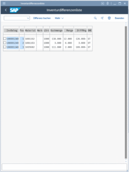 Inventory difference list